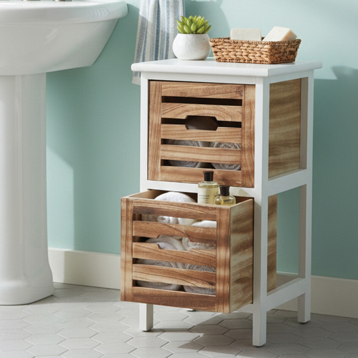Orsina Portsmouth 2 Drawer Chest – White and Natural Wood Nightstand