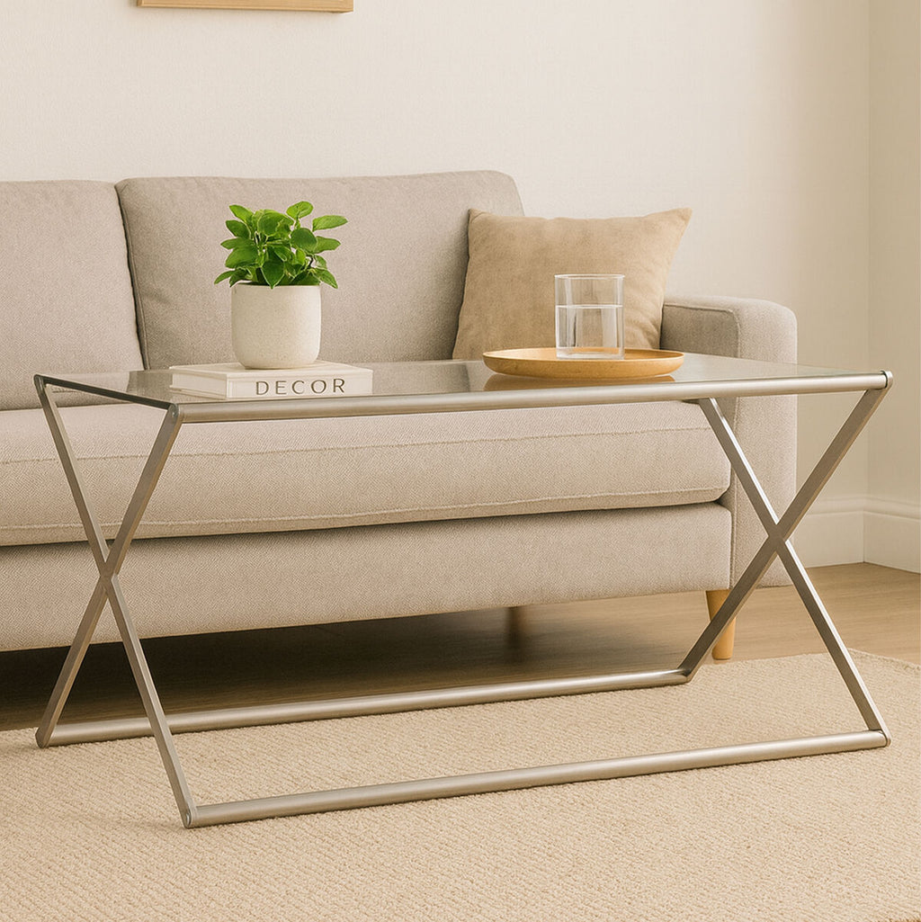 Orsina Roma Rectangular Glass Coffee Table | Satin Nickel Metal Frame