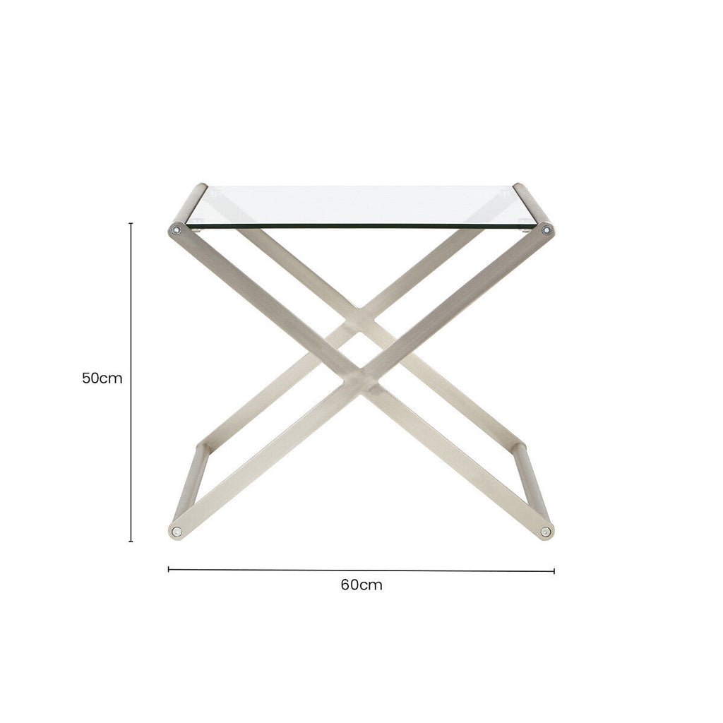 Orsina Roma Side Table – Clear Tempered Glass & Satin Nickel Metal