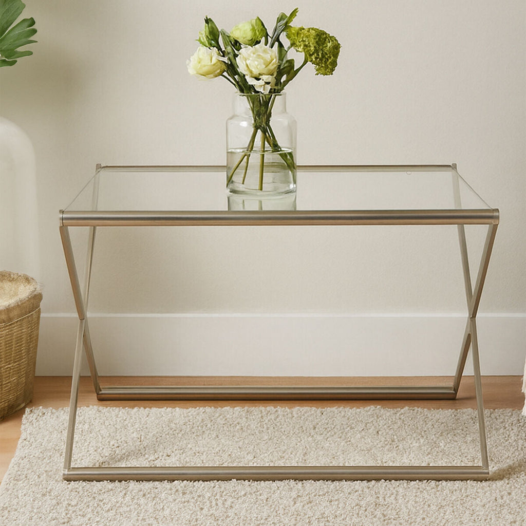 Orsina Roma Square Coffee Table – Tempered Glass & Satin Nickel