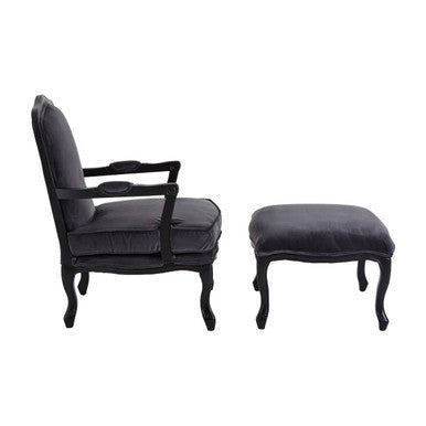 Orsina Rococo Grey Velvet Accent Chair and Footstool Set | Lounge Seating