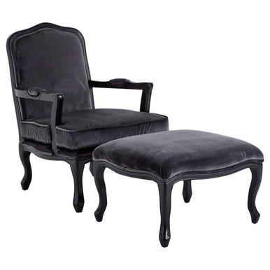 Orsina Rococo Grey Velvet Accent Chair and Footstool Set | Lounge Seating
