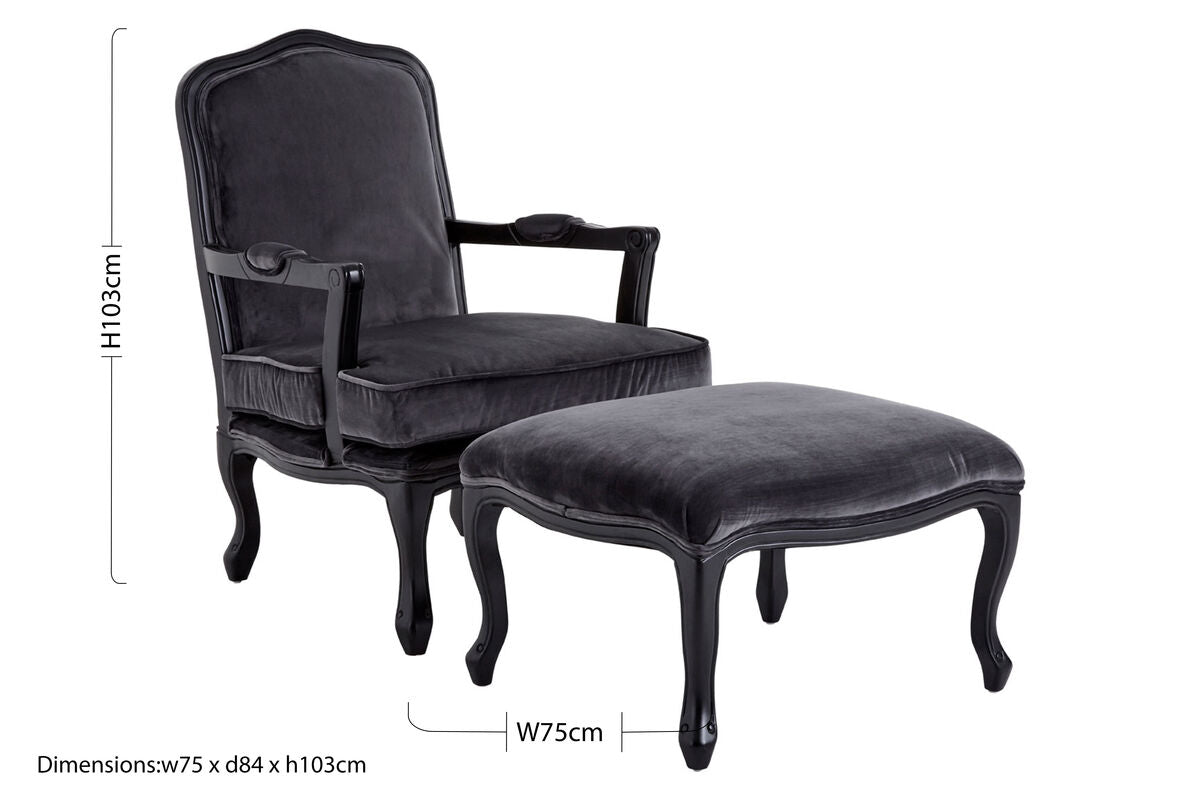 Orsina Rococo Grey Velvet Accent Chair and Footstool Set | Lounge Seating