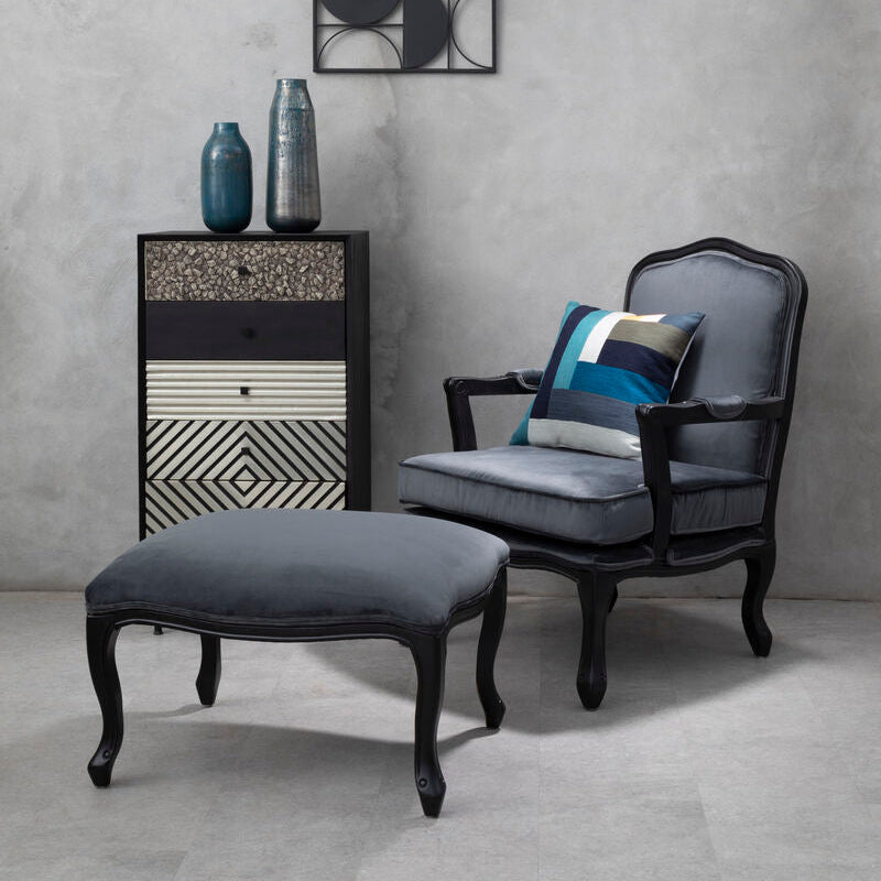 Orsina Rococo Grey Velvet Accent Chair and Footstool Set | Lounge Seating