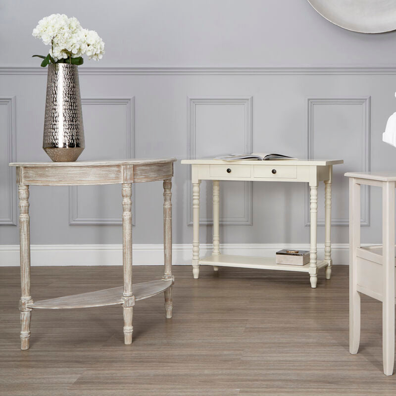 Orsina Heritage Half Moon Console Table – Natural Wood Entryway Table