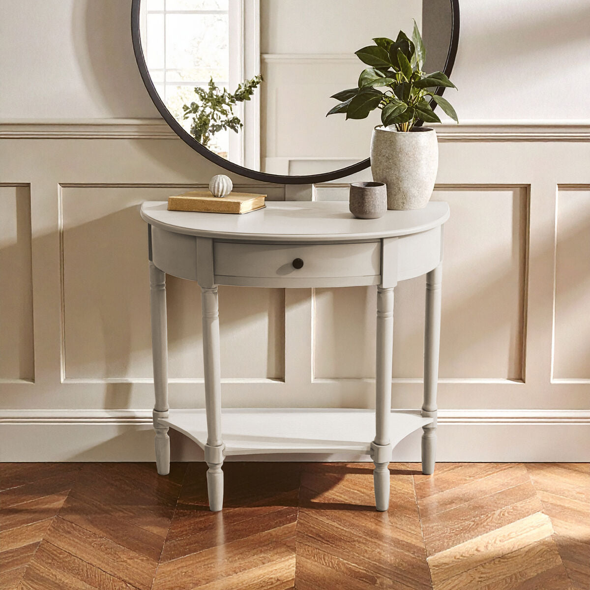 Orsina Heritage Grey Putty Wood Console Table with Drawer and Shelf