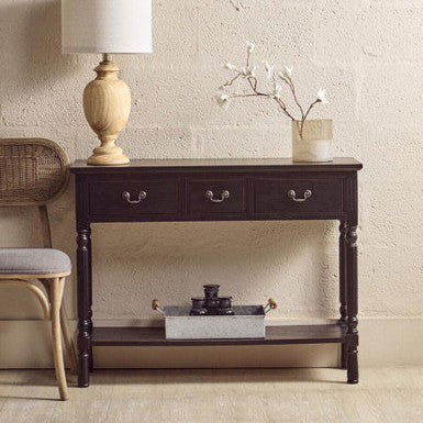 Orsina Vintage Black Pine Wood 3-Drawer Console Table with Shelf