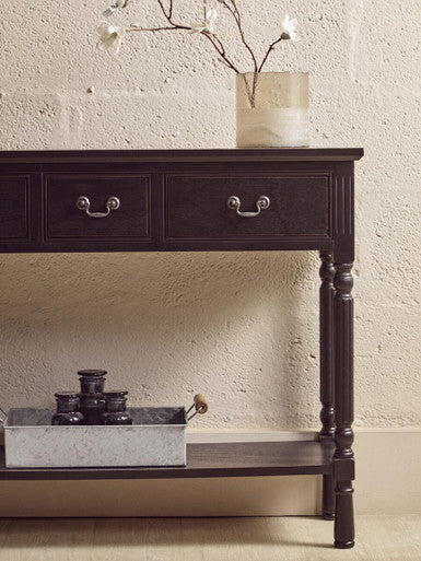 Orsina Vintage Black Pine Wood 3-Drawer Console Table with Shelf