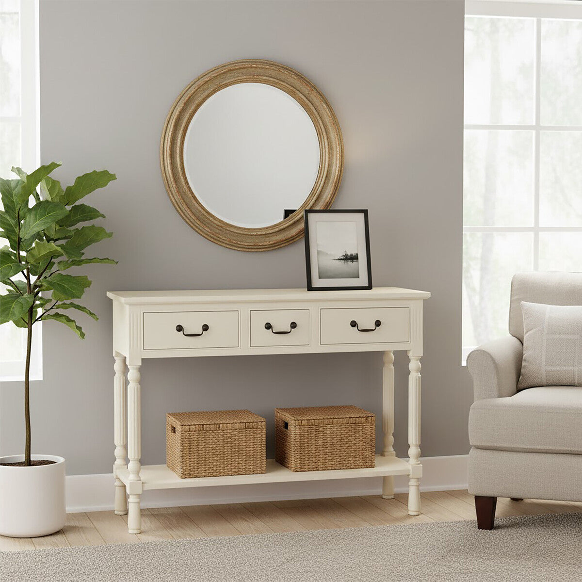 Orsina Heritage Console Table – 3-Drawer Ivory Wood with Bottom Shelf