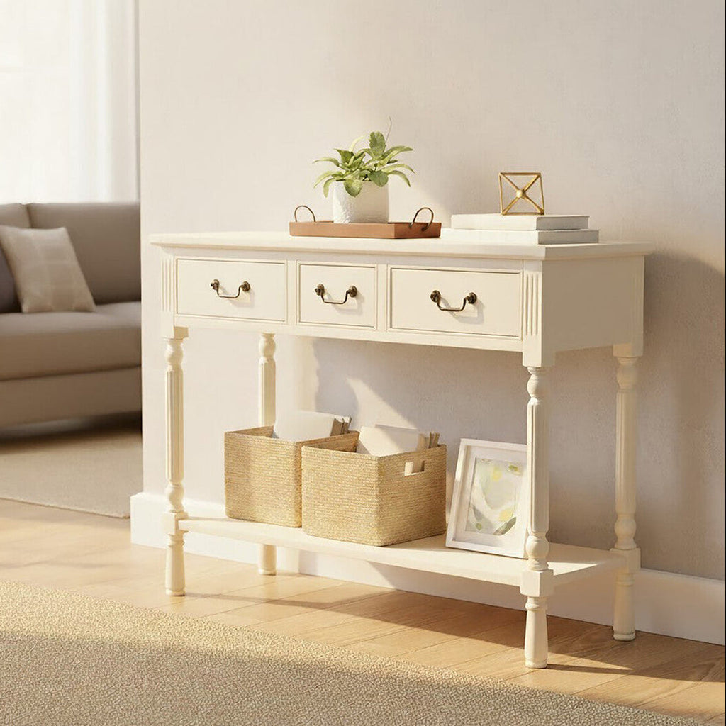 Orsina Heritage Console Table – 3-Drawer Ivory Wood with Bottom Shelf