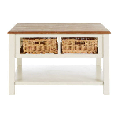 Orsina Dorset Cream Wood Coffee Table with 2 Rattan Storage Baskets