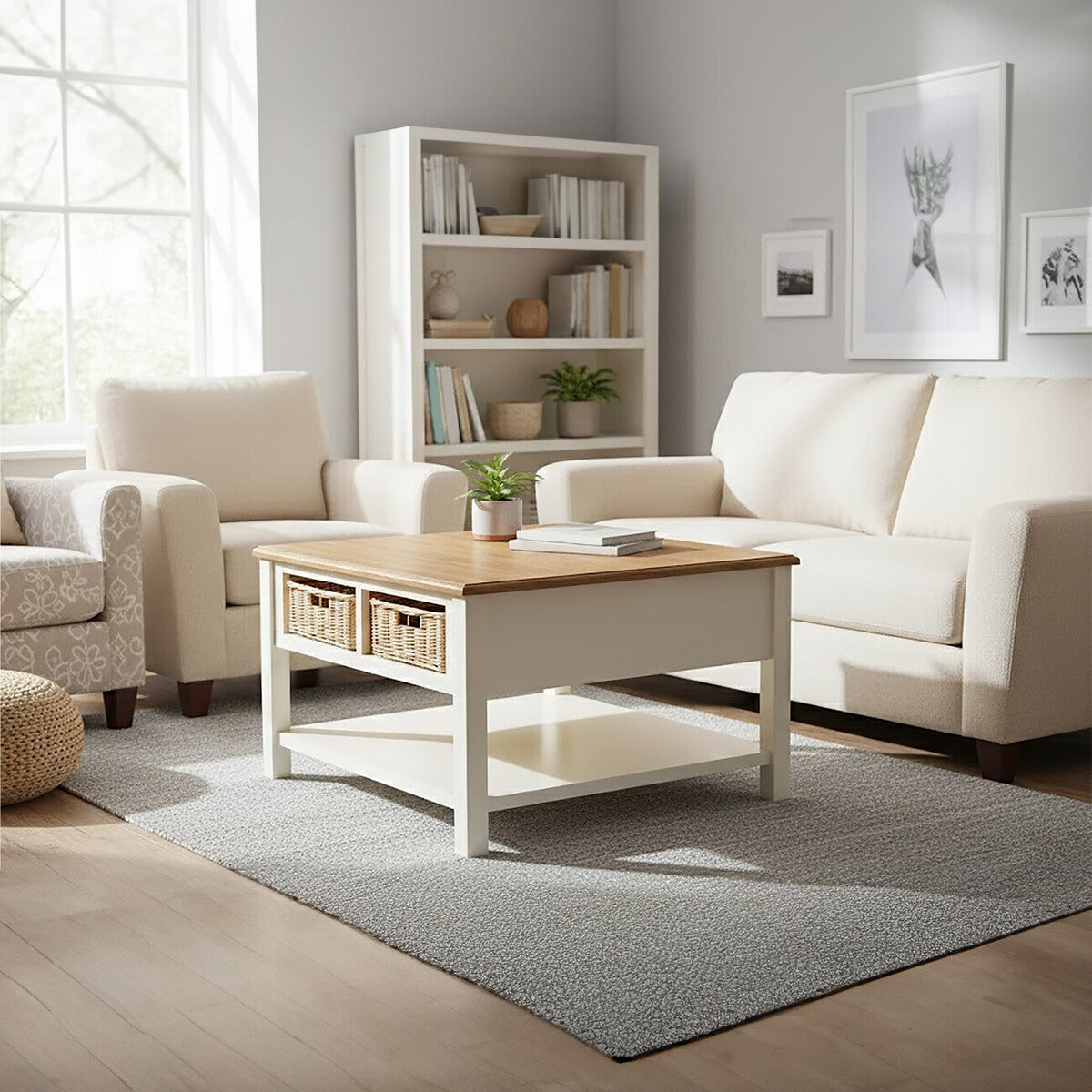 Orsina Dorset Cream Wood Coffee Table with 2 Rattan Storage Baskets
