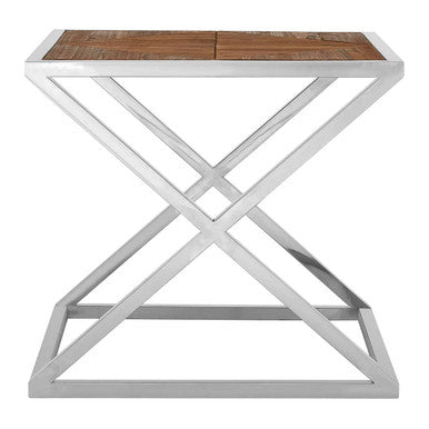 Orsina Hudson Side Table – Distressed Wood and Chrome Stainless Steel