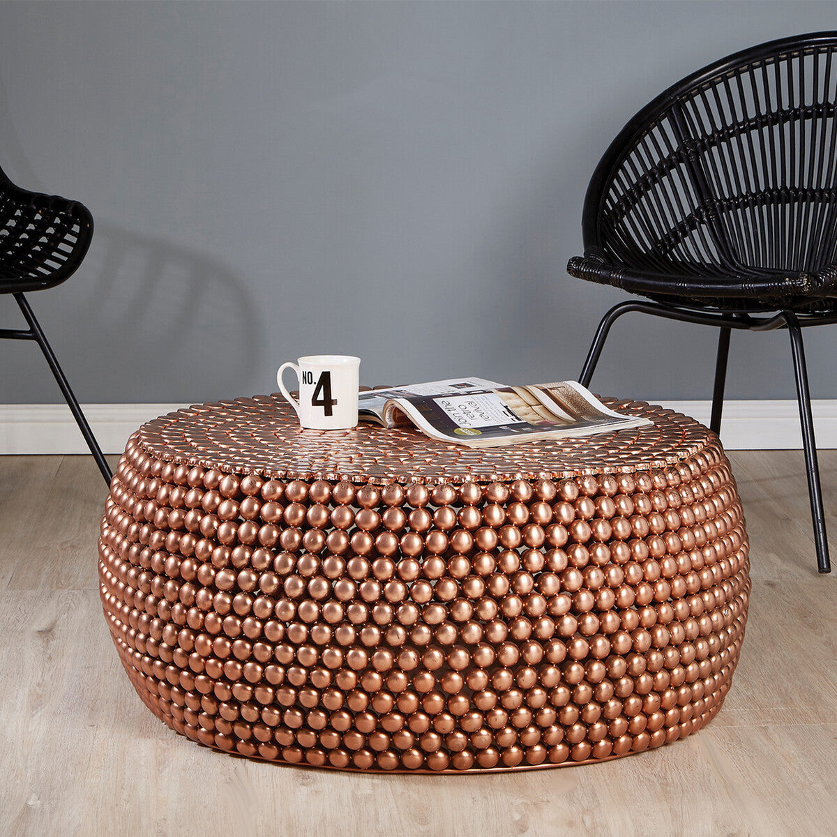 Orsina Templar Round Copper Coffee Table – Beaded Iron Metal Design