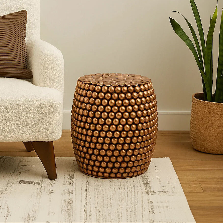 Orsina Templar Barrel Stool – Copper Finish Beaded Iron Side Table
