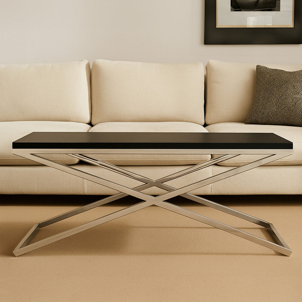Orsina Tribute Coffee Table – Black Leather Effect with Silver Base