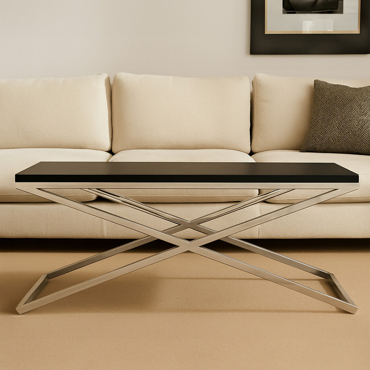 Orsina Tribute Coffee Table – Black Leather Effect with Silver Base