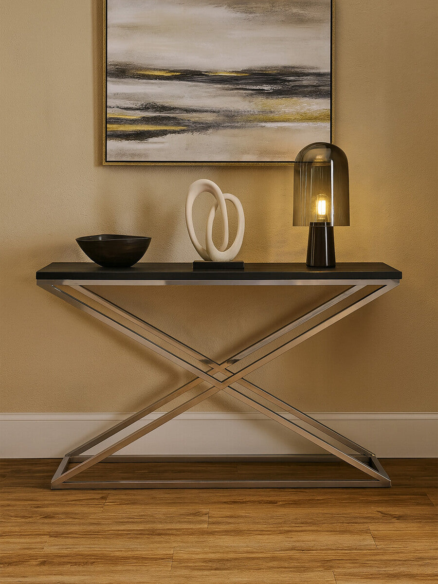 Orsina Tribute Console Table – Black Leather Effect & Stainless Steel
