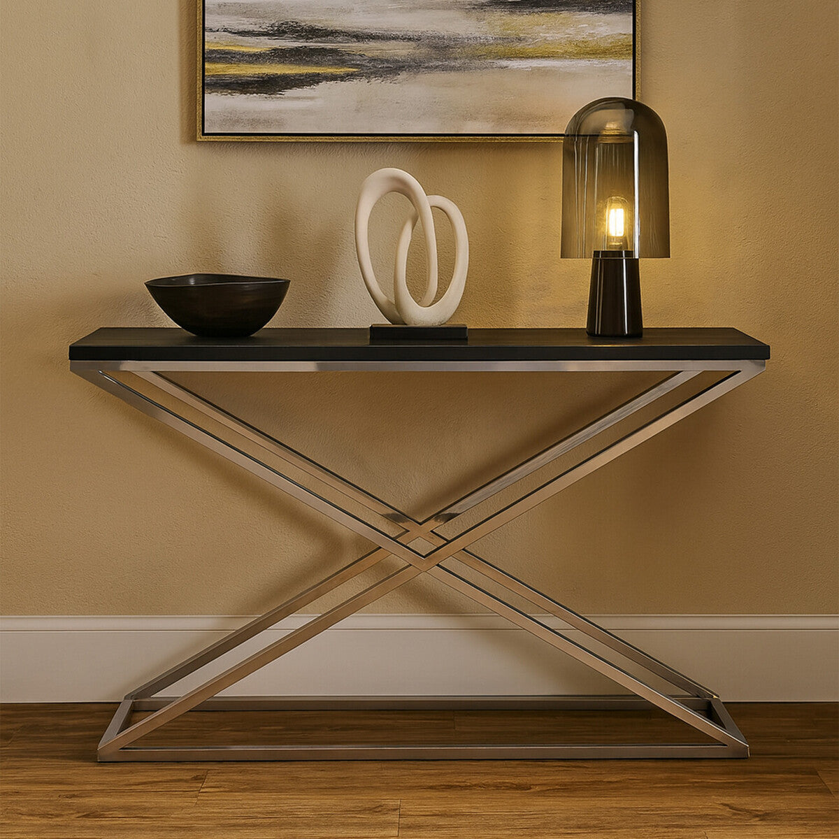 Orsina Tribute Console Table – Black Leather Effect & Stainless Steel