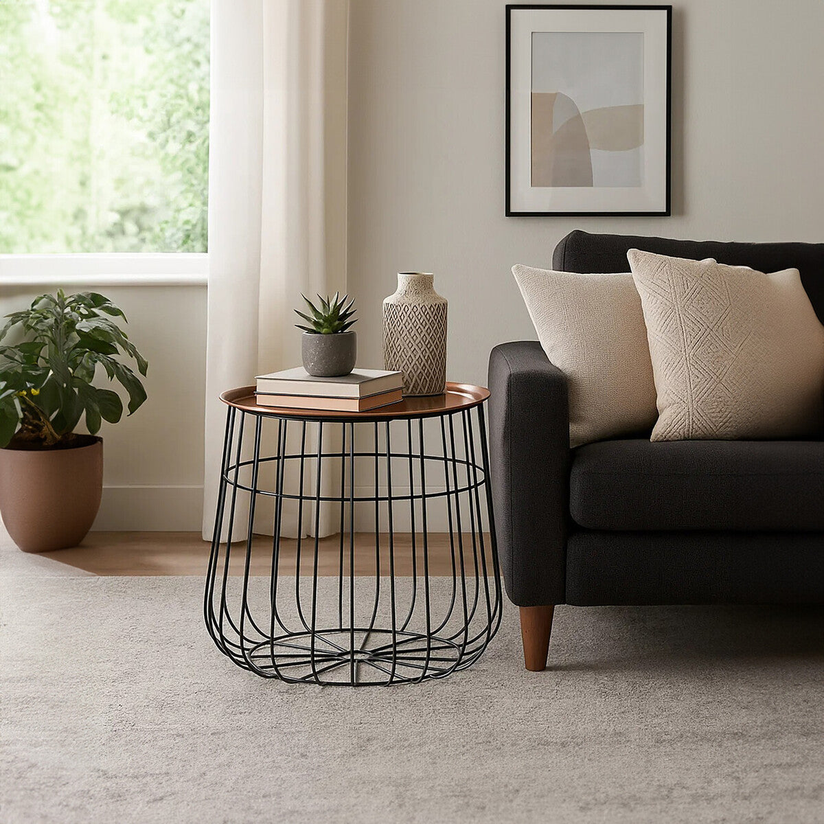 Orsina Templar Side Table – Copper Tray Top with Black Metal Base