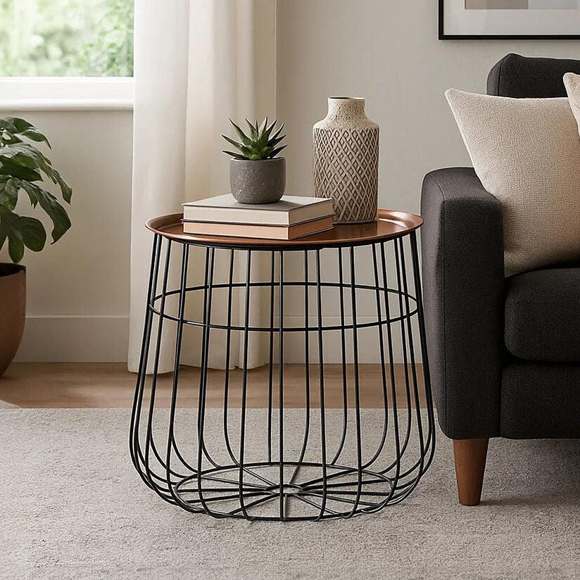Orsina Templar Side Table – Copper Tray Top with Black Metal Base