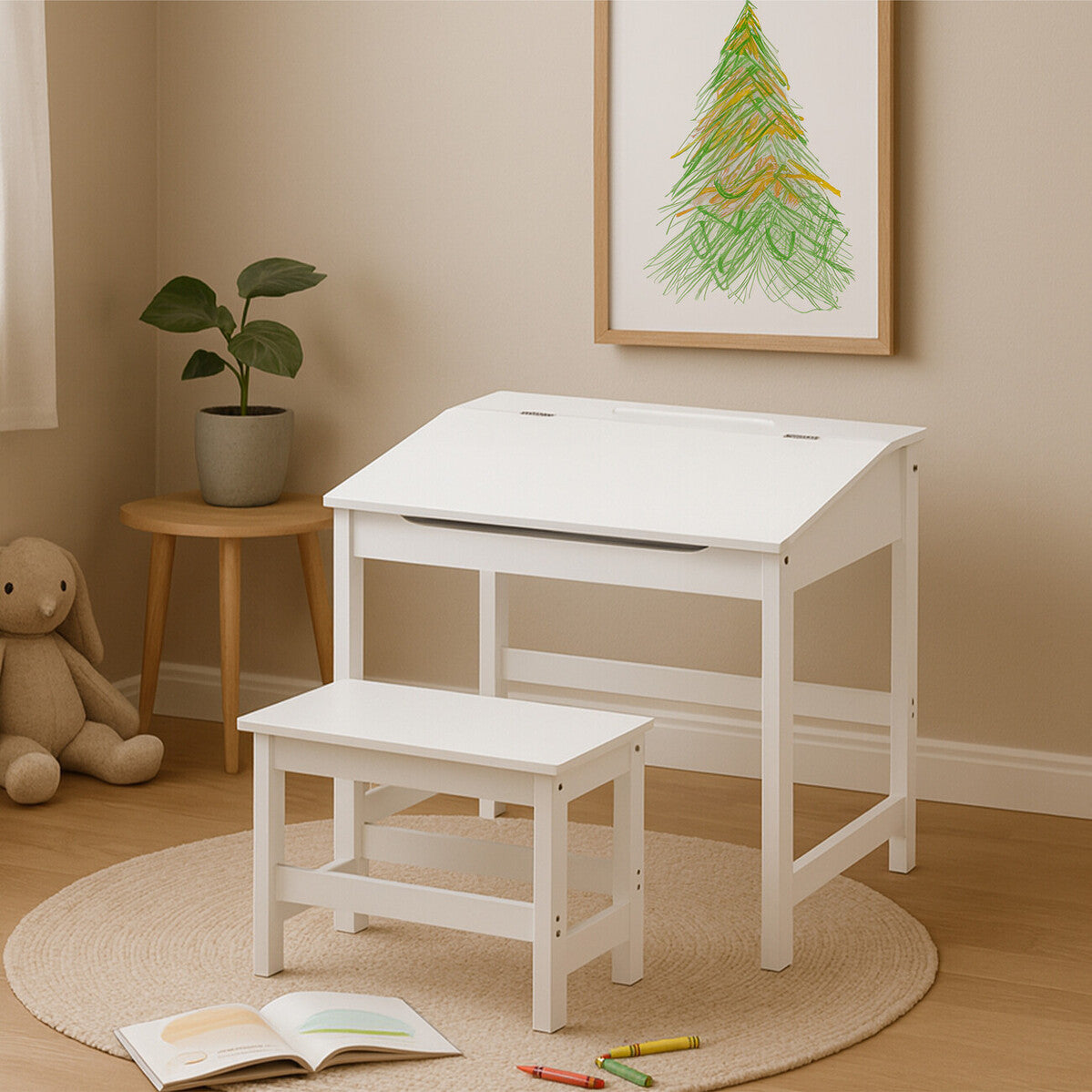 Orsina Jordan Kids Desk and Stool Set – White Wooden Study Station