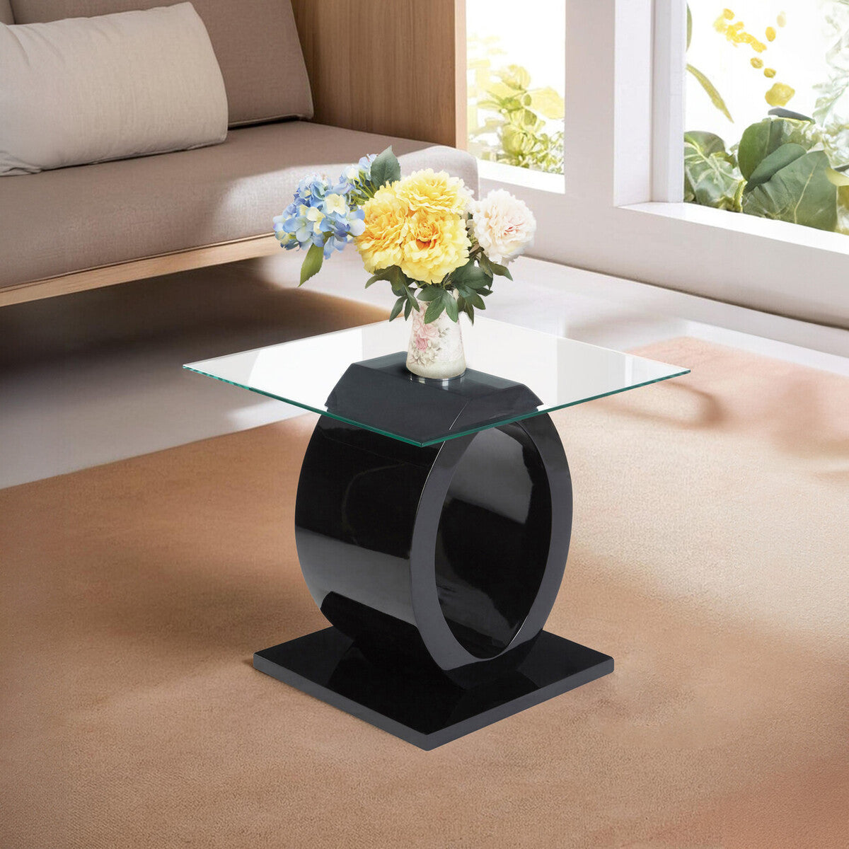 Orsina Halo Modern O-Shaped Side Table – Black Base & Tempered Glass