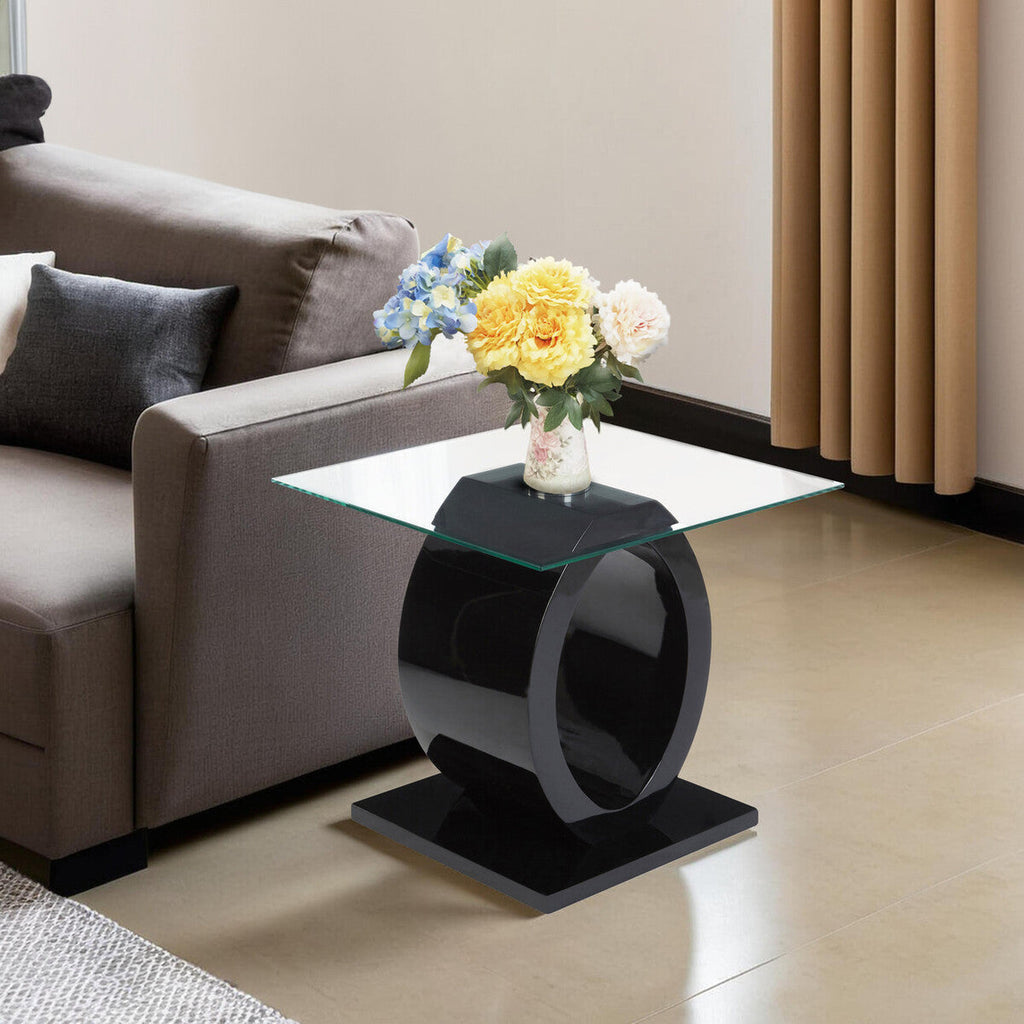 Orsina Halo Modern O-Shaped Side Table – Black Base & Tempered Glass