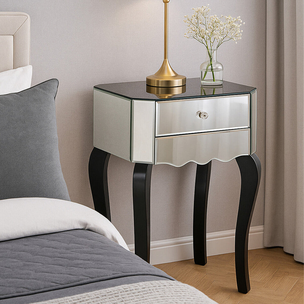 Orsina Orchid Mirrored Glass Bedside Table – 1 Drawer Glam Side Table