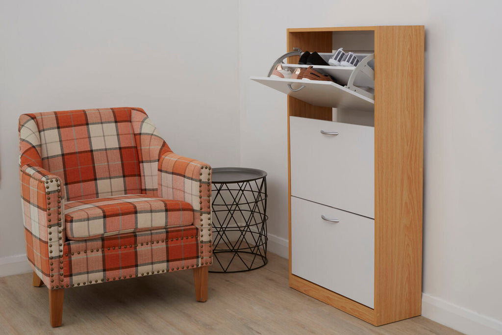 Orsina Quinn 3 Drawer Shoe Cupboard | White & Oak Veneer Storage