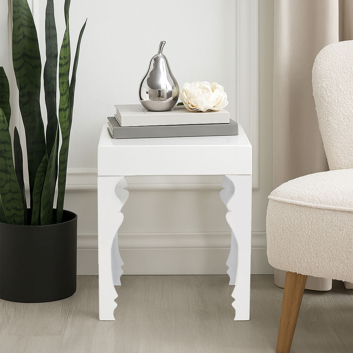 Orsina Luis White High Gloss Side Table – MDF with Curved Legs