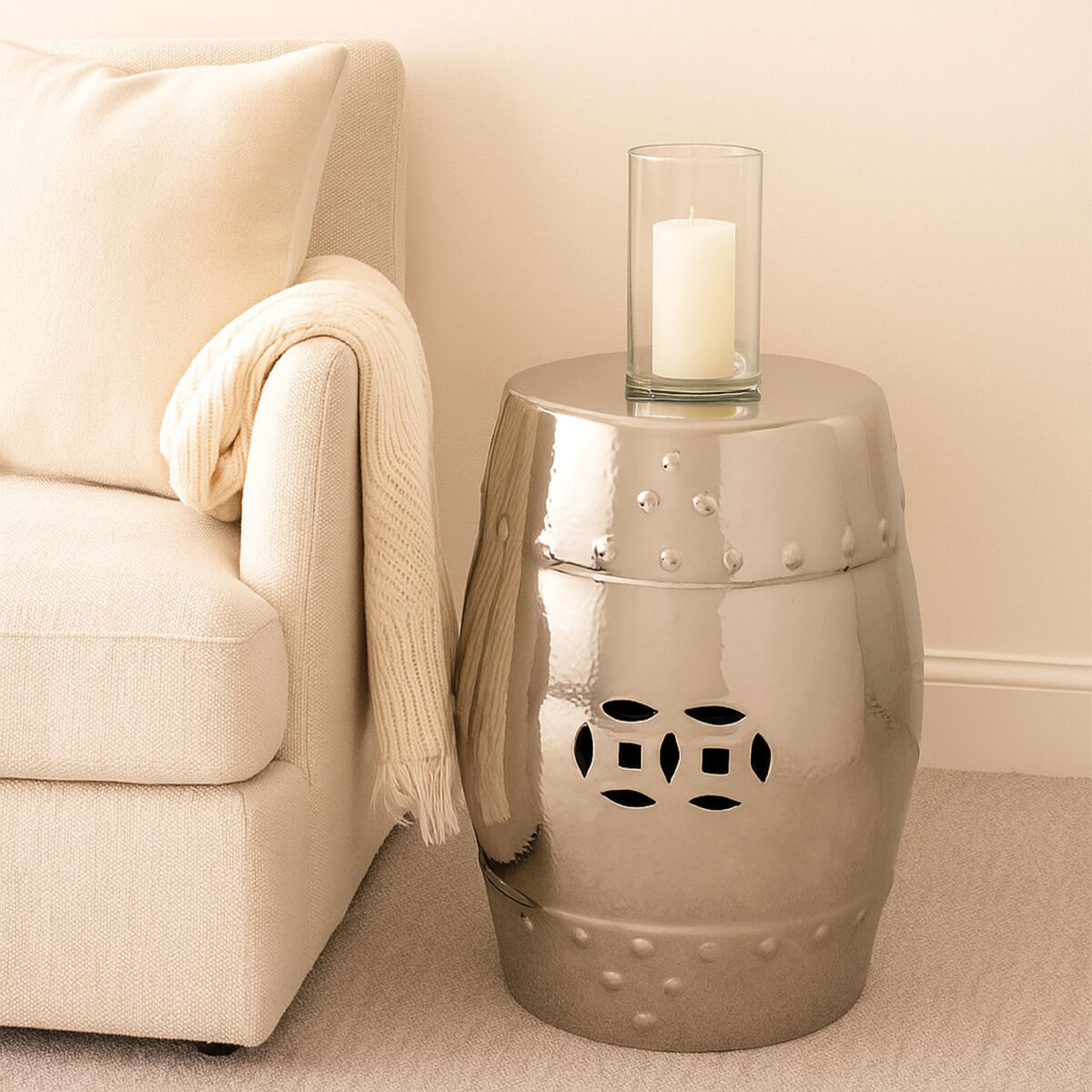 Orsina Silver Ceramic Barrel Stool – Modern Dolomite Side Table