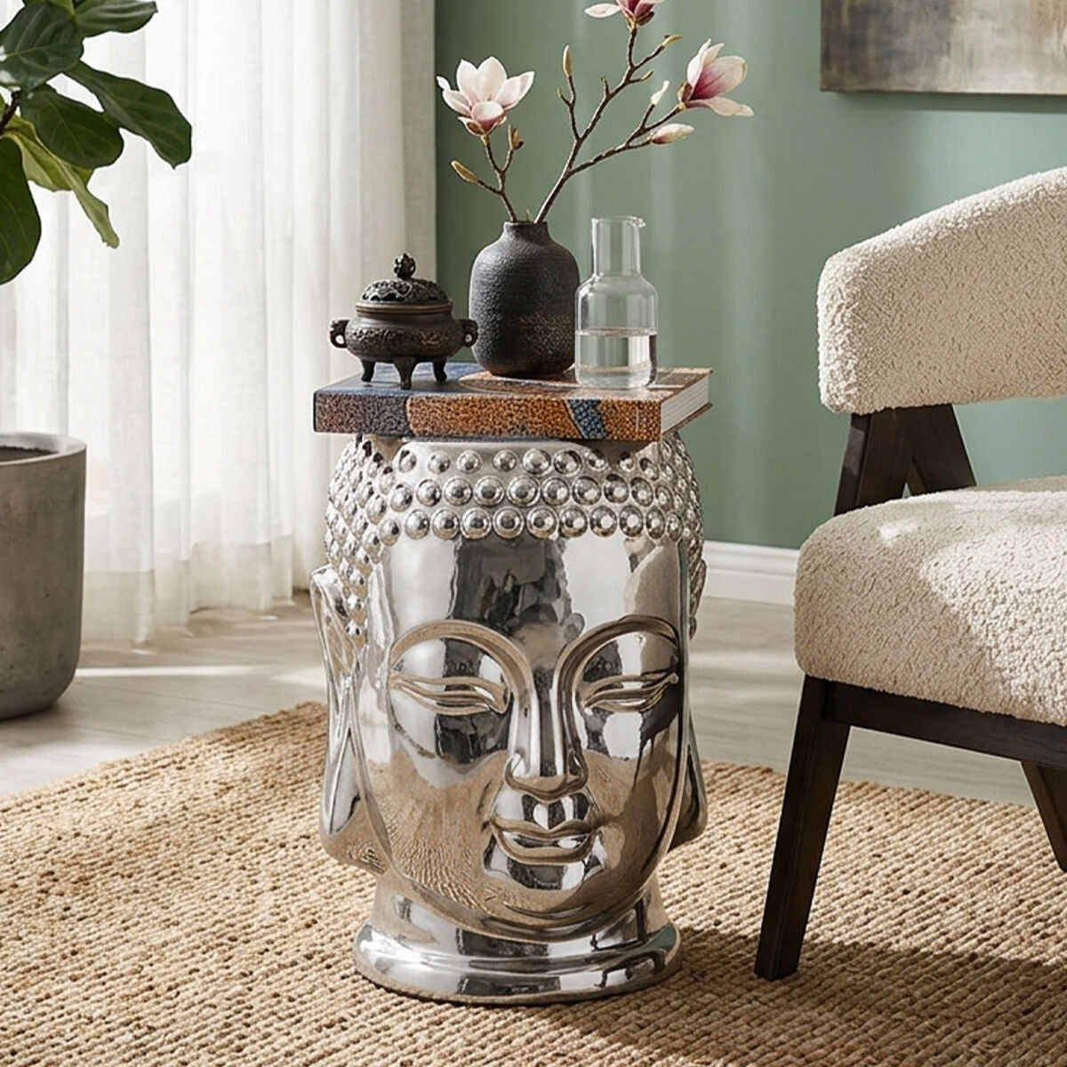 Orsina Silver Buddha Ceramic Side Table – Metallic Dolomite Stool