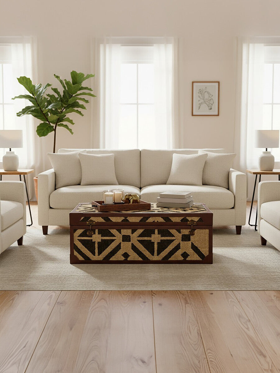 Orsina Aztec Coffee Table Trunk – Galvanised Iron & PU Leather Storage