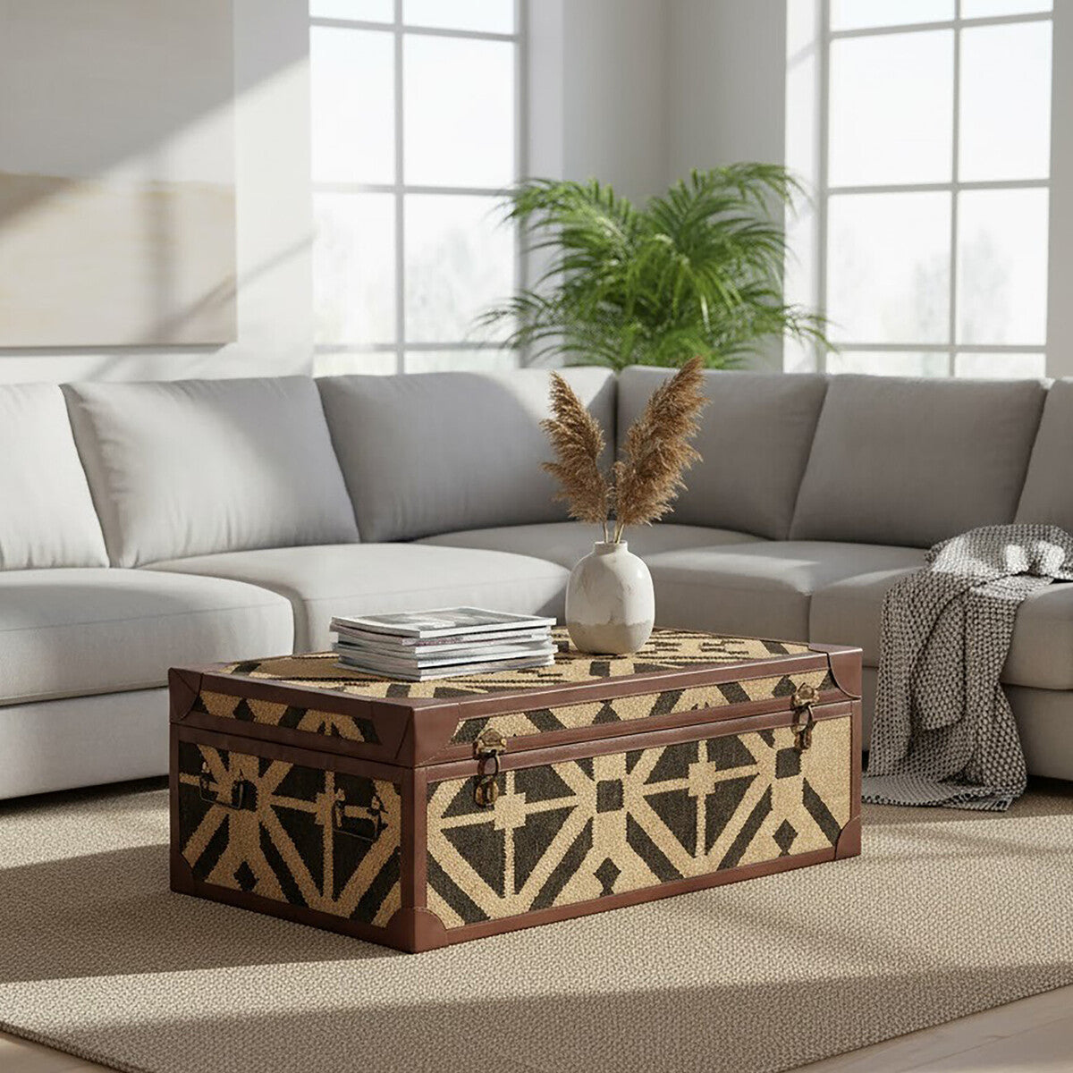 Orsina Aztec Coffee Table Trunk – Galvanised Iron & PU Leather Storage