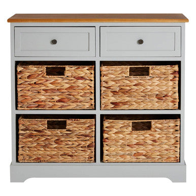 Orsina Vermont Storage Cabinet – Grey Wood with 4 Woven Baskets
