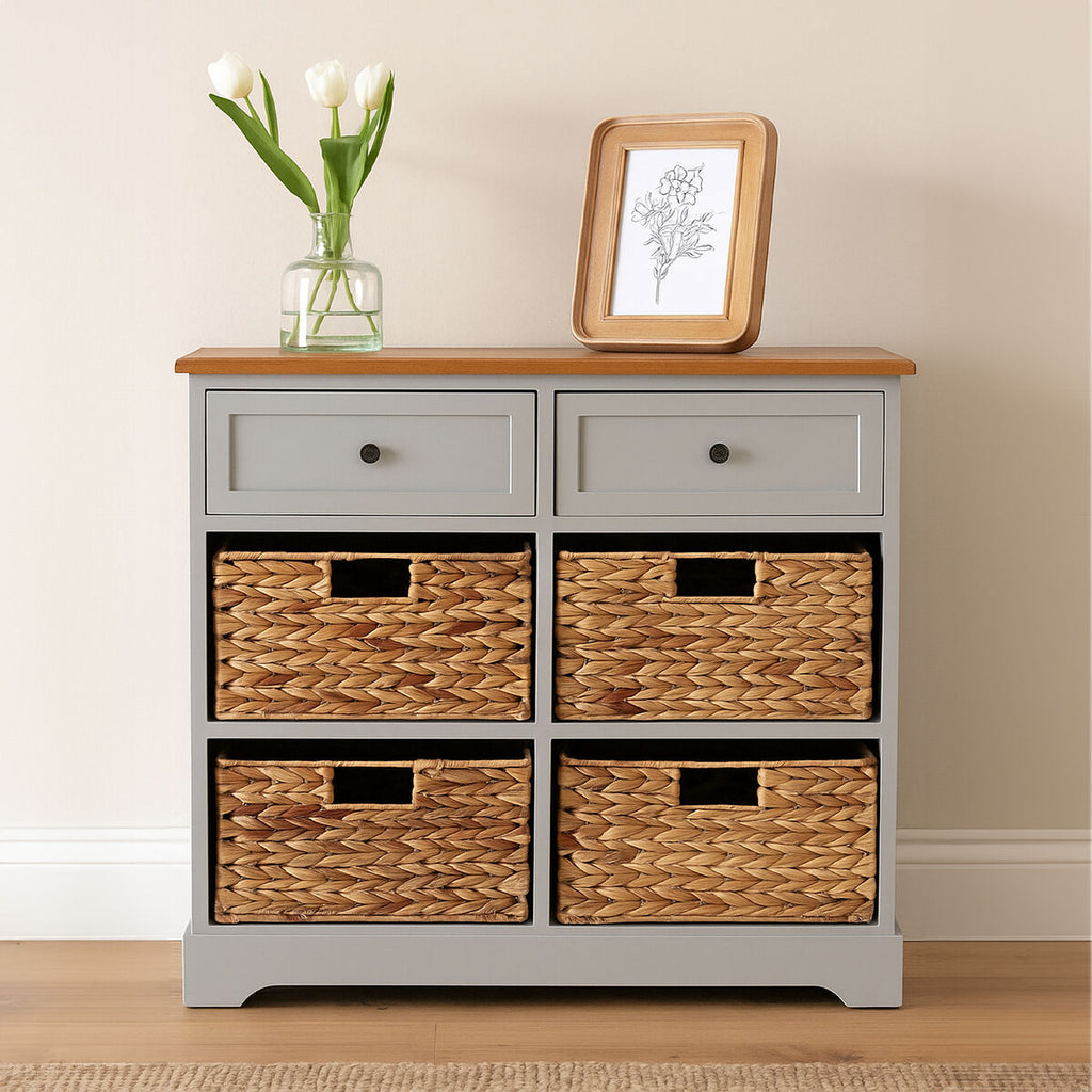 Orsina Vermont Storage Cabinet – Grey Wood with 4 Woven Baskets