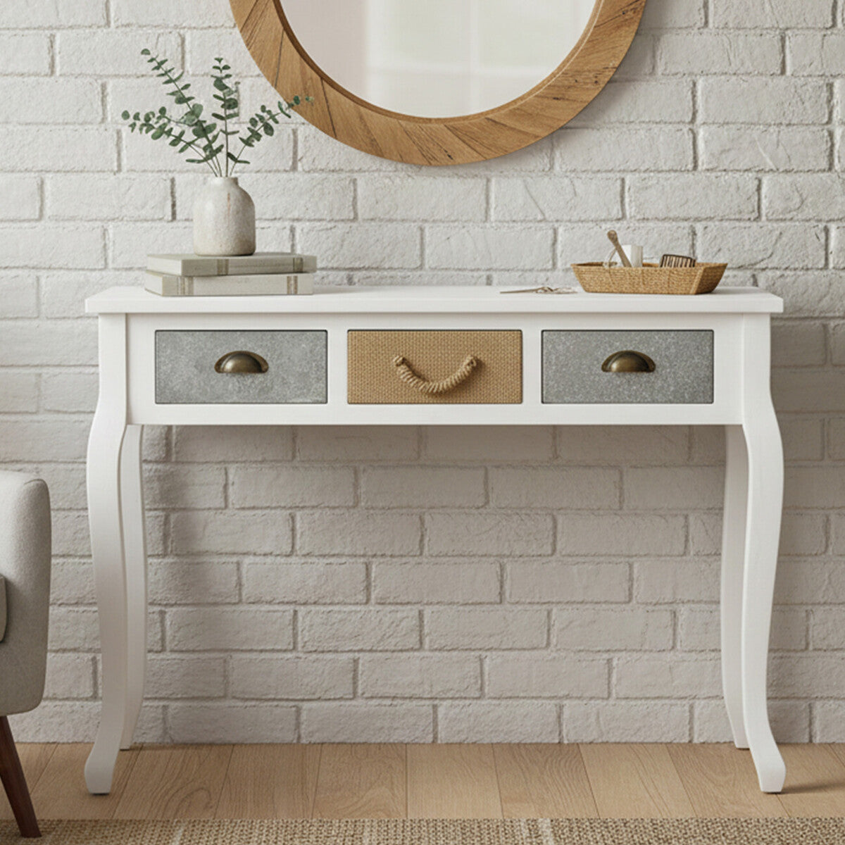 Orsina Weymouth White Pinewood Console Table with 3 Mixed Drawers