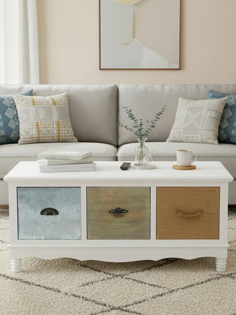 Orsina Weymouth Coffee Table | White 3-Drawer Coastal Wood Table