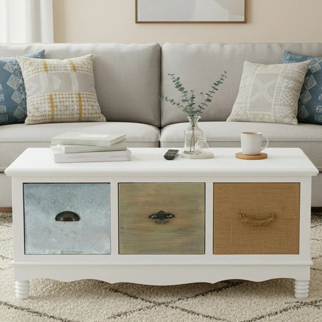 Orsina Weymouth Coffee Table | White 3-Drawer Coastal Wood Table
