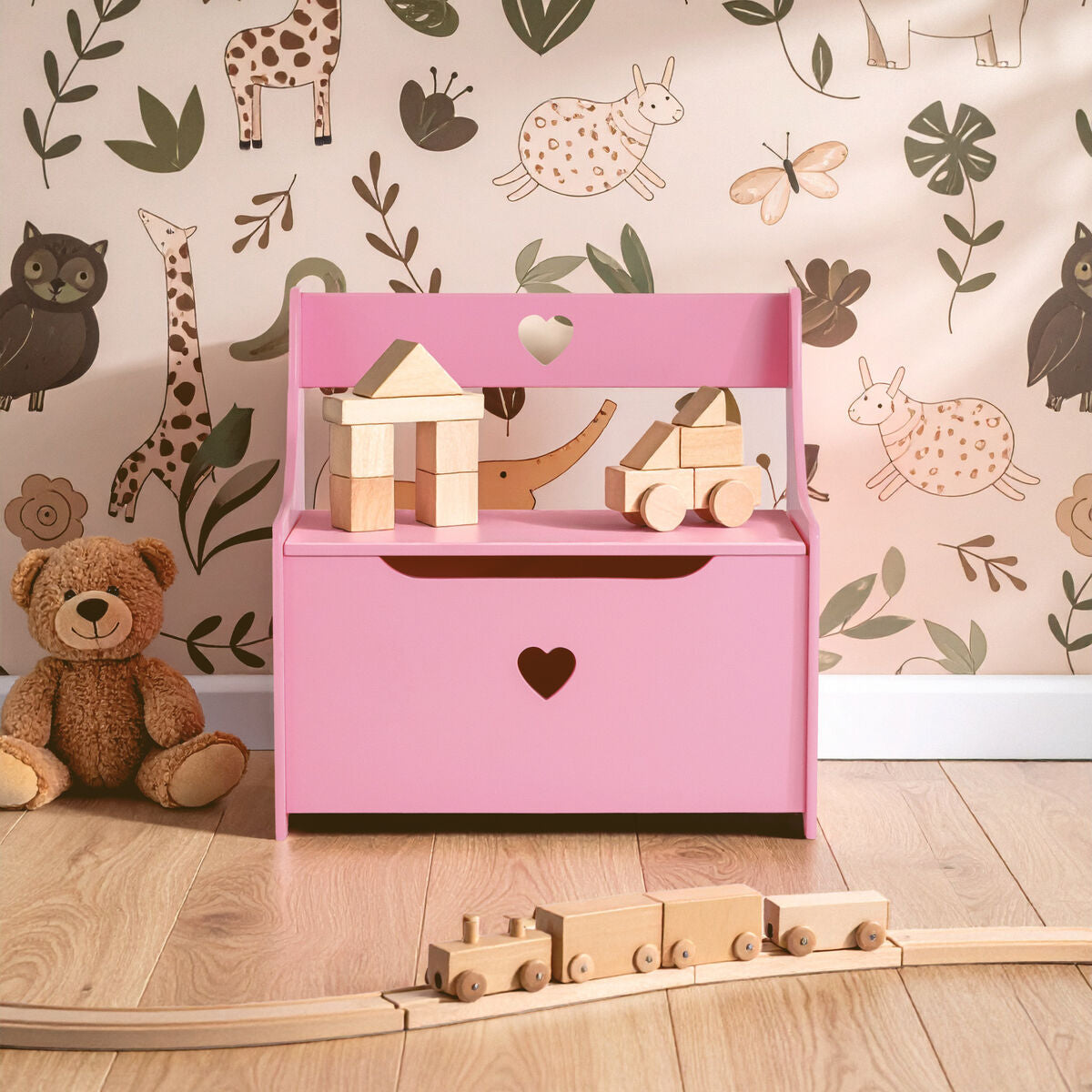 Orsina Kids Toy Storage Box and Seat – Pink Heart Wooden Bench