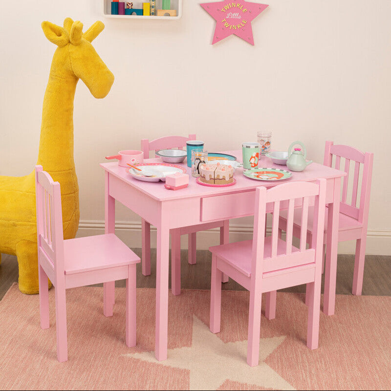 Orsina Kids Wooden Table and 4 Chairs Set with Storage Drawer – Pink