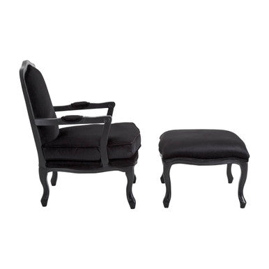 Orsina Rococo Black Shiny Velvet Accent Chair and Ottoman Footstool