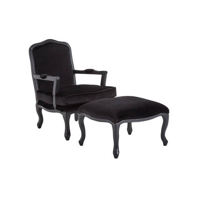 Orsina Rococo Black Shiny Velvet Accent Chair and Ottoman Footstool