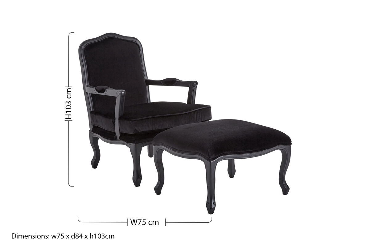 Orsina Rococo Black Shiny Velvet Accent Chair and Ottoman Footstool