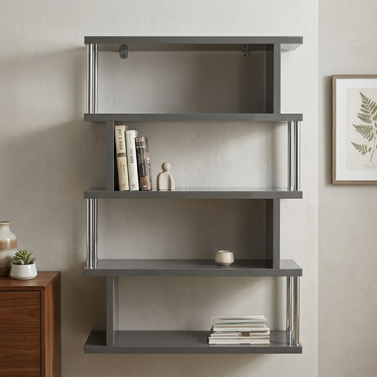 Orsina Maze 4-Tier Grey Gloss Shelf Unit – Modern Zigzag Bookshelf