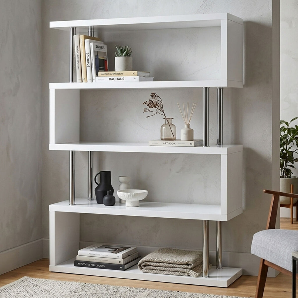 Orsina Maze 4 Tier White Gloss Wide Shelf Unit | Modern Display Shelves