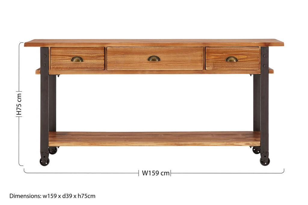 Orsina New Foundry 3-Drawer Console Table – Industrial Wood & Metal