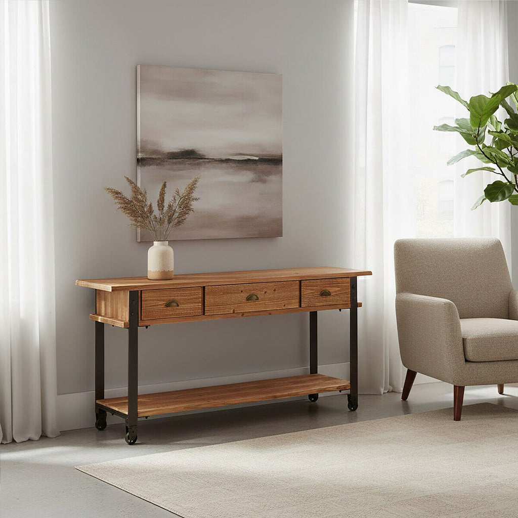 Orsina New Foundry 3-Drawer Console Table – Industrial Wood & Metal