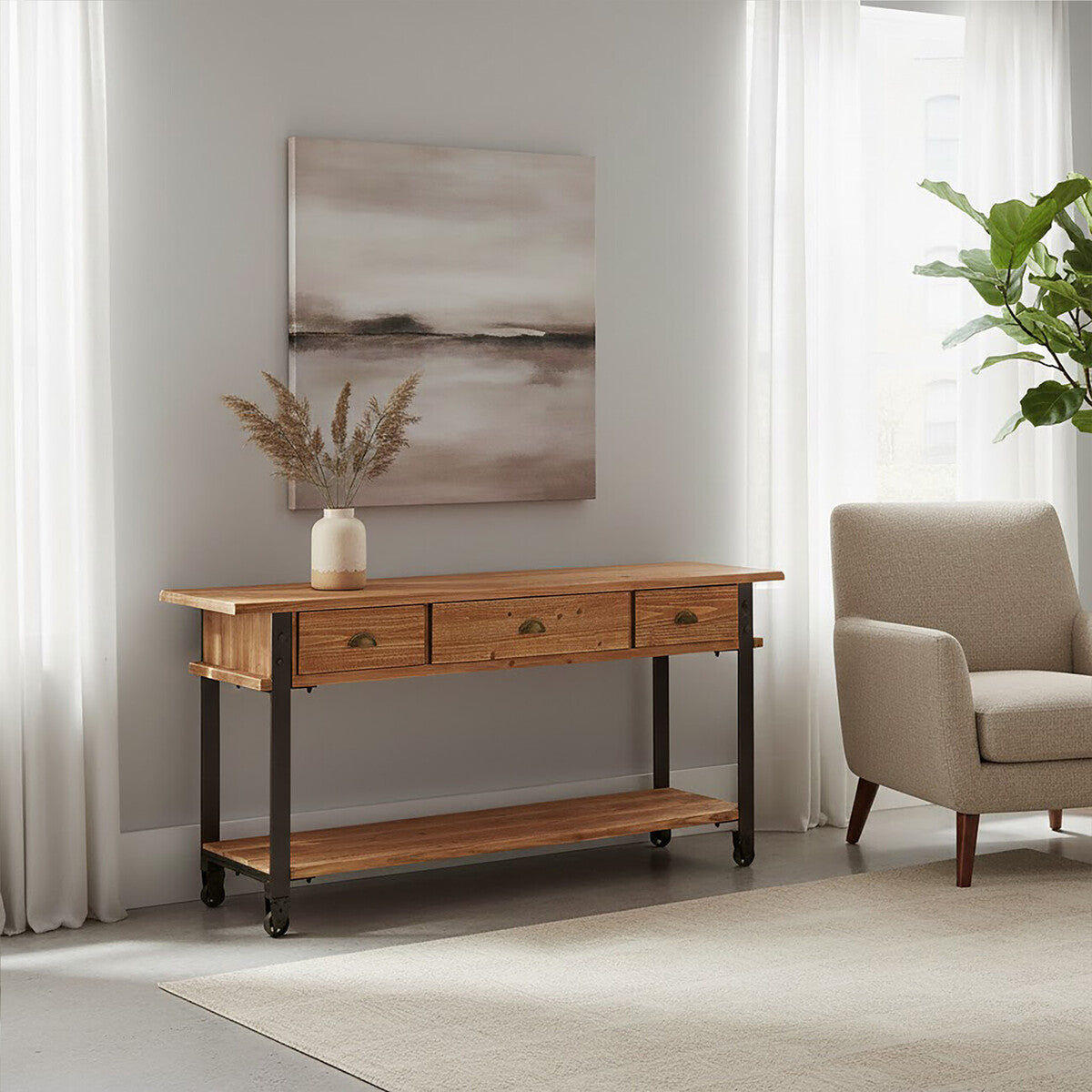 Orsina New Foundry 3-Drawer Console Table – Industrial Wood & Metal